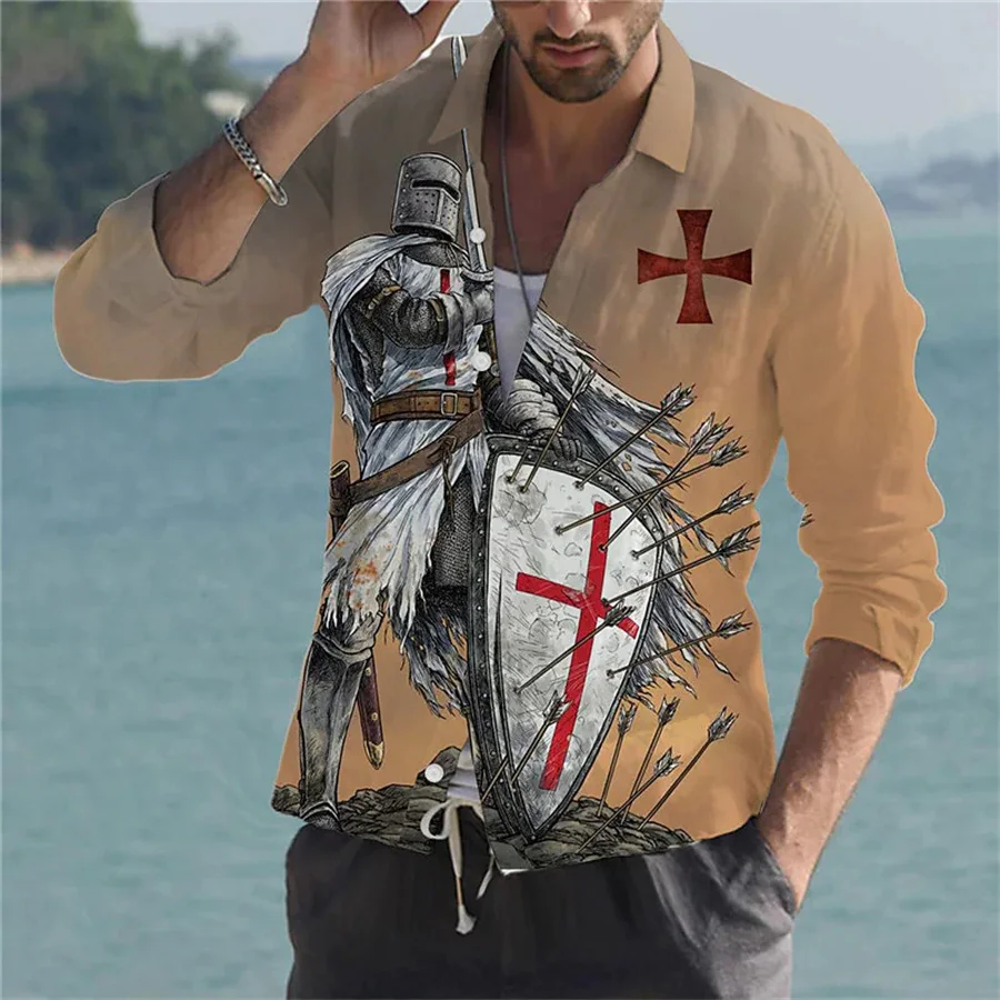 

Men's Shirt Printing Legion Knight Patriot 3D Printing Clear Pattern Outdoor Street Long Sleeve Button Cotton Clothing Designer