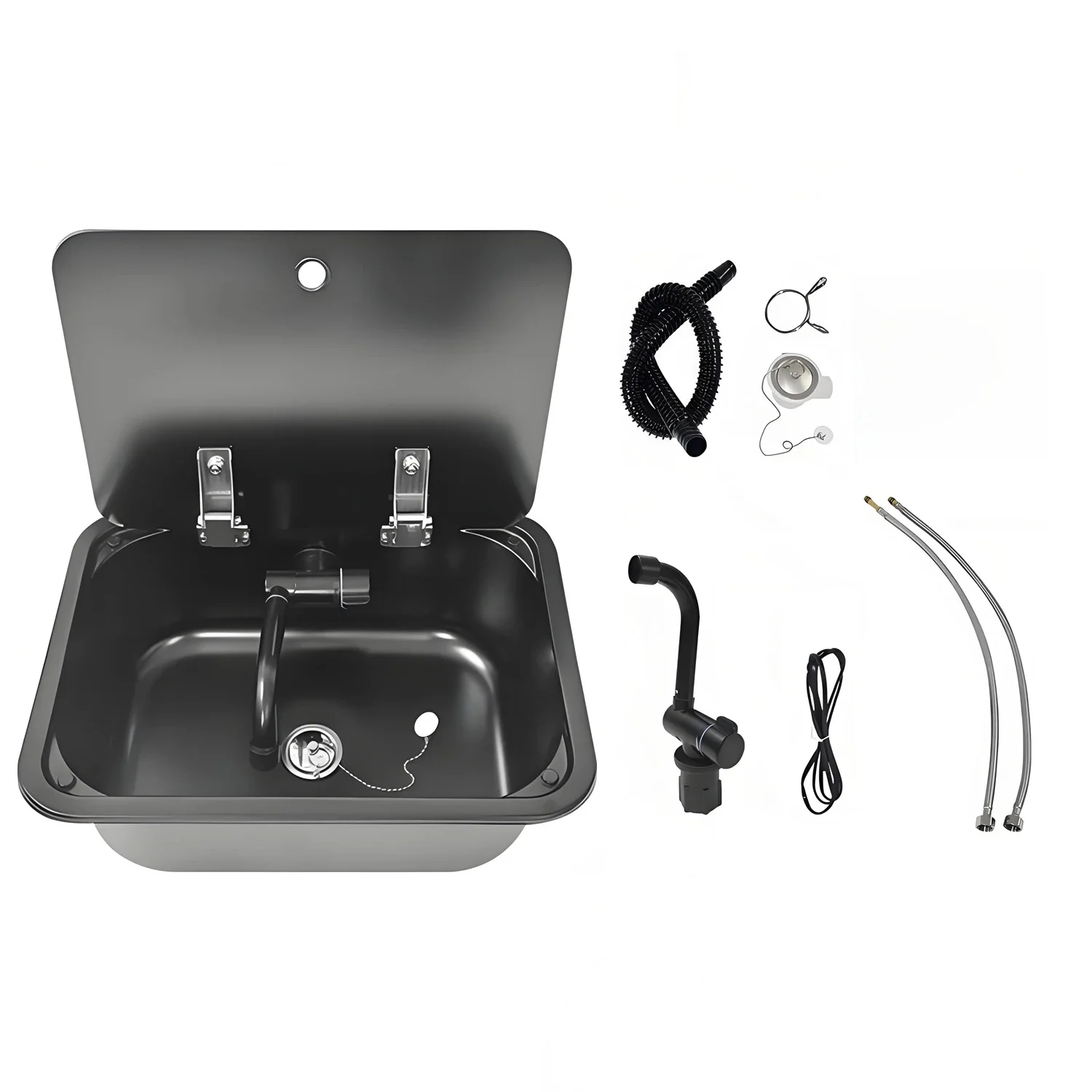 RV-spoelbak met kraan/kraan 304 roestvrij staal met deksel van gehard glas Vierkante spoelbak voor boten Caravan Camper Keukenaccessoires - afbeelding 2