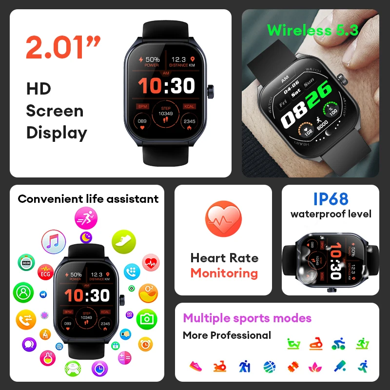 KHwatch Uomo Orologi 2.01 "Schermo Curvo IP68 Sport Orologi Impermeabili 5.3 Bluetooth Orologio Digitale Per Uomo bambini Ragazzo Studente Adolescente