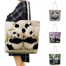 Cute Panda Printed Handbags Ladies Linen Animal Shopper Bag Portable Casual Women Shoulder Bag Student Thick Rope The Tote Bag