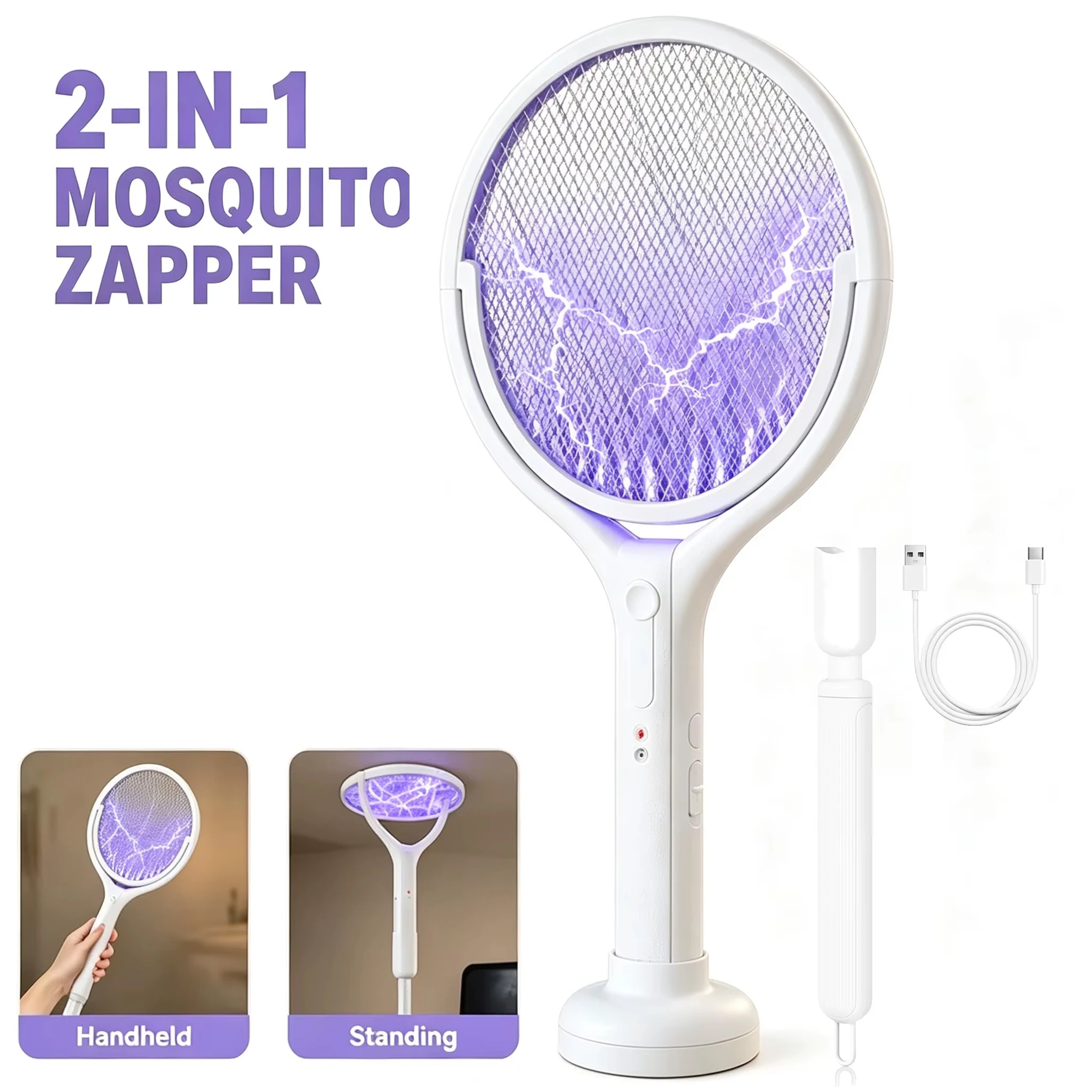 FOMYHEARD Lampe anti-moustiques électrique 4 en 1 : raquette tue-insectes pliable et télescopique (3000 V) rechargeable avec piège à lumière UV, batterie 1800 mAh, recharge USB-C, pour usage intérieur et extérieur.