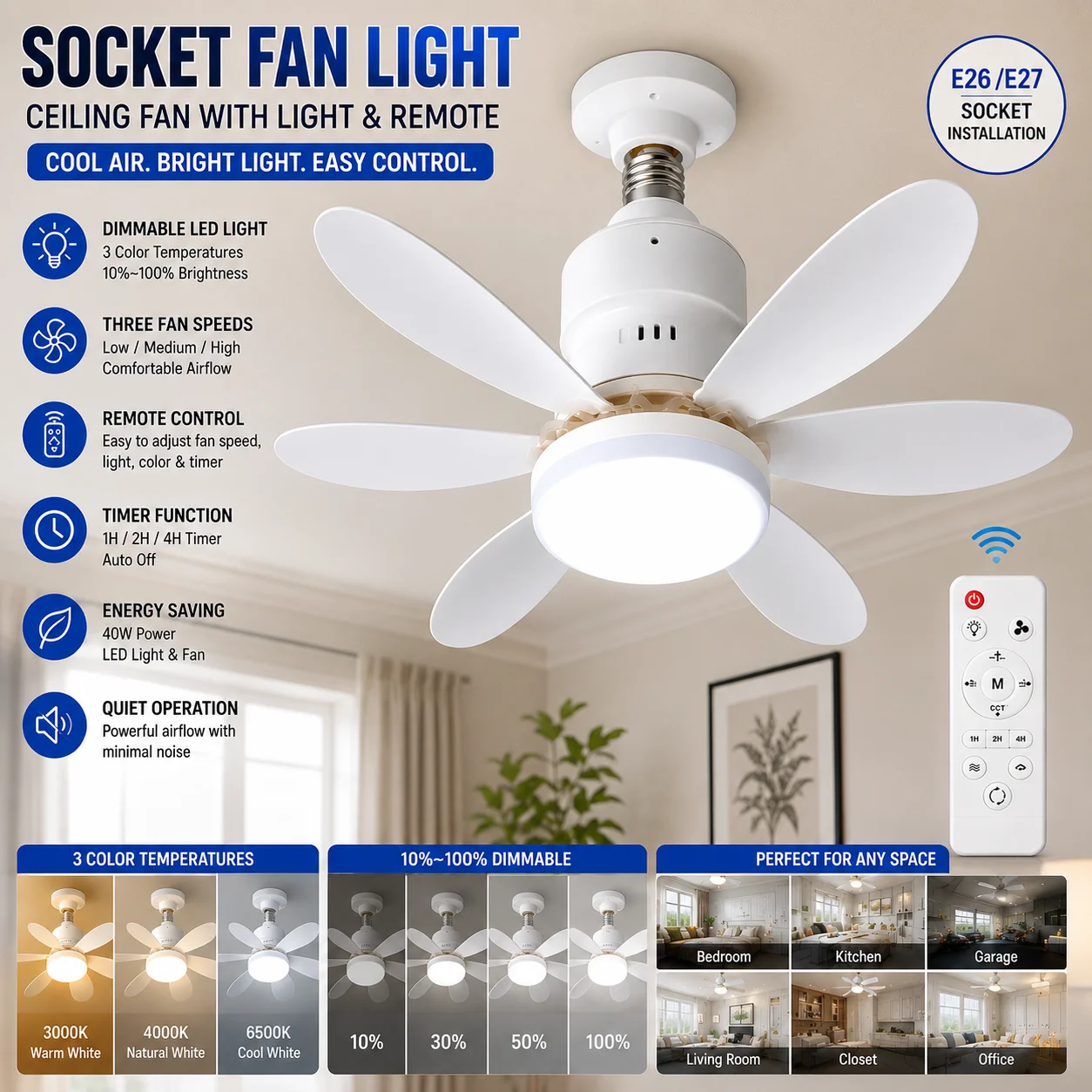 Socket Ceiling Fan Light 40W Dimmable LED With Remote Control 3 Fan Speeds 3 Color Temperatures Timer E26 E27 Screw In for Bedroom Kitchen Garage