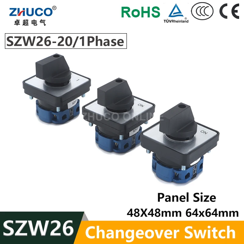 ZHUCO SZW26/LW26-20 1 Pole Selector Rotary Cam Changeover Switch 20A 660V OFF-ON ON-OFF-ON Panel Mount 64x64 48x48 Mm