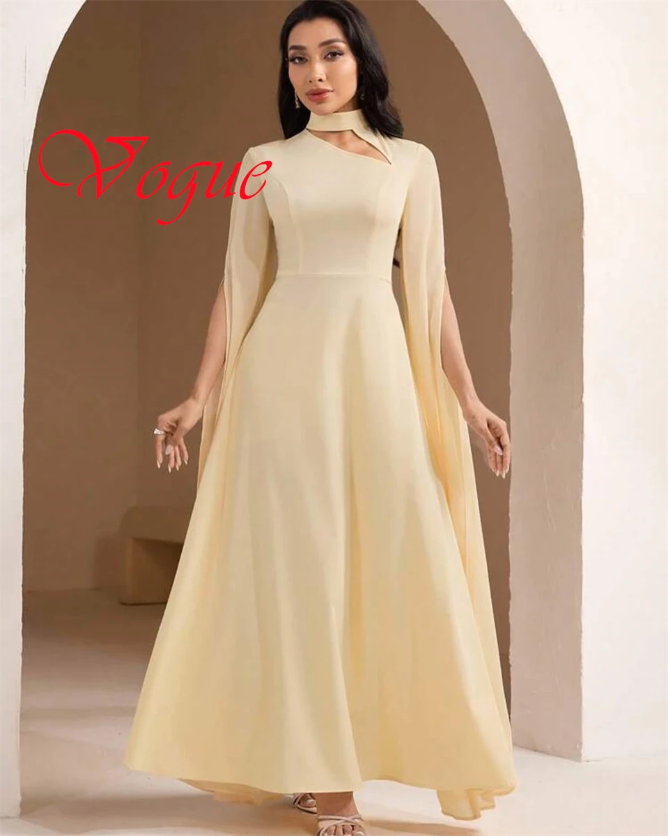 

Customized Formal Light Yellow Jersey Evening Dress Modern High Neckline Half Sleeves Zipper Back Special Occasion Gowns