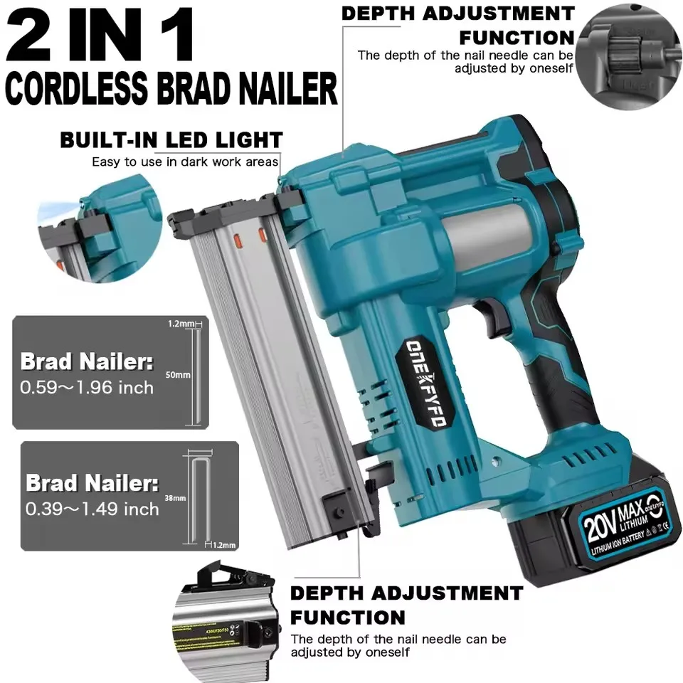 Brushless Wireless Cordless Electric 2 in 1 Nailer/Stapler Gun with F50 /K438 Nail Lithium Battery for Makita 18V Battery