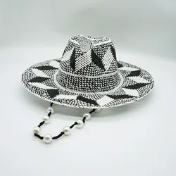 Black White Pattern Toquilla Straw Hats Summer Panama Hats Pearls Chain Sun Hats for Women Men Handmade Fedora Beach Travel Hat