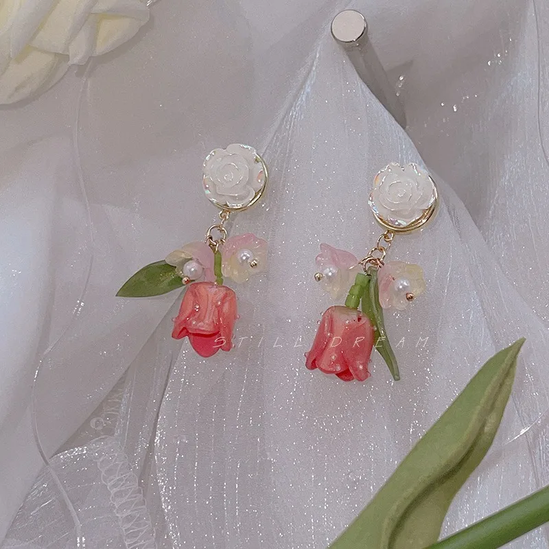 Französische Luxuriöse Rosa Tulpenblüten-Perlen-Ohrstecker für Damen, Koreanische Zirkon-Ohrringe, Exquisiter Schmuck für Party und Weihnachten – Detail 14