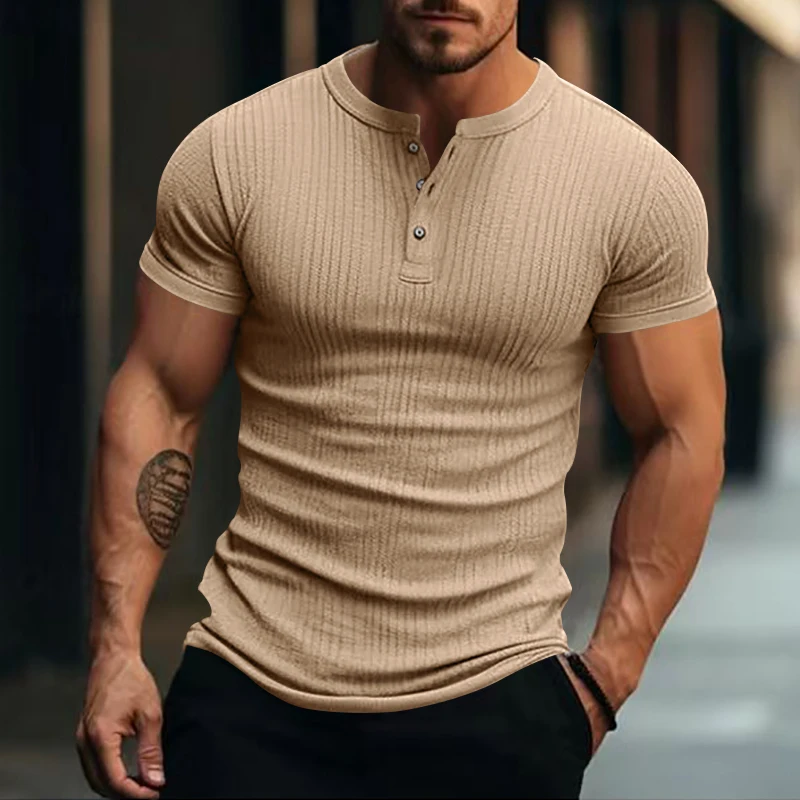 2024 Summer New Men V-neck Henley Shirts Soild Color Men\'s Fashion Vintage Button-Down Short Sleeve T Shirt Men Tees Tops