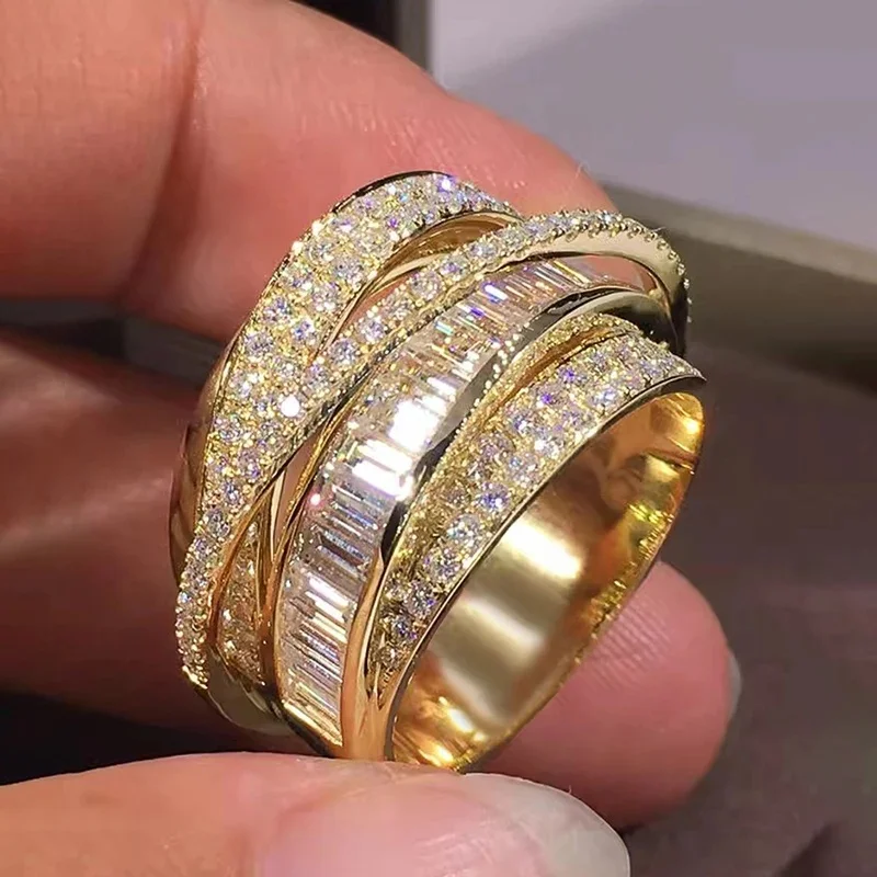 Huitan Bling Bling złote pierścionki w kolorze wspaniałe damskie akcesoria ślubne pełna musujące cyrkonia Party luksusowa modna biżuteria — zdjęcie 2