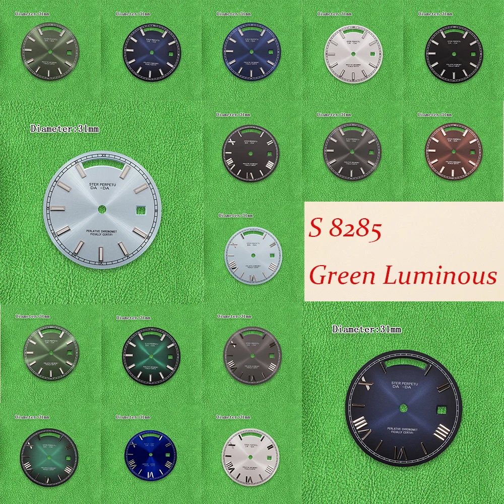 S-Logo-Zifferblatt 31mm 8285 Zifferblatt Rom Schwarzes Zifferblatt Sonnenschliff Grüne Leuchtfunktion Geeignet für 8285 Uhrwerk Modifikationszubehör