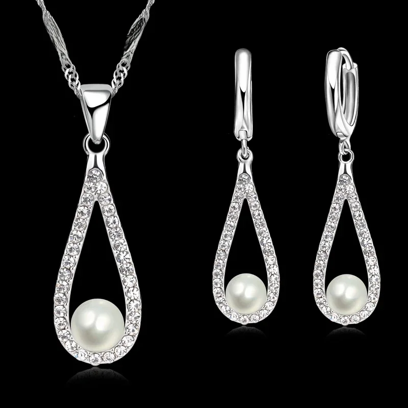Czysta 925 Sterling Silver Shiny CZ kryształowa kropla wody naszyjniki z pereł łańcuszek z wisiorem kolczyki kobieta grzywny biżuteria ślubna zestaw prezent — zdjęcie 2