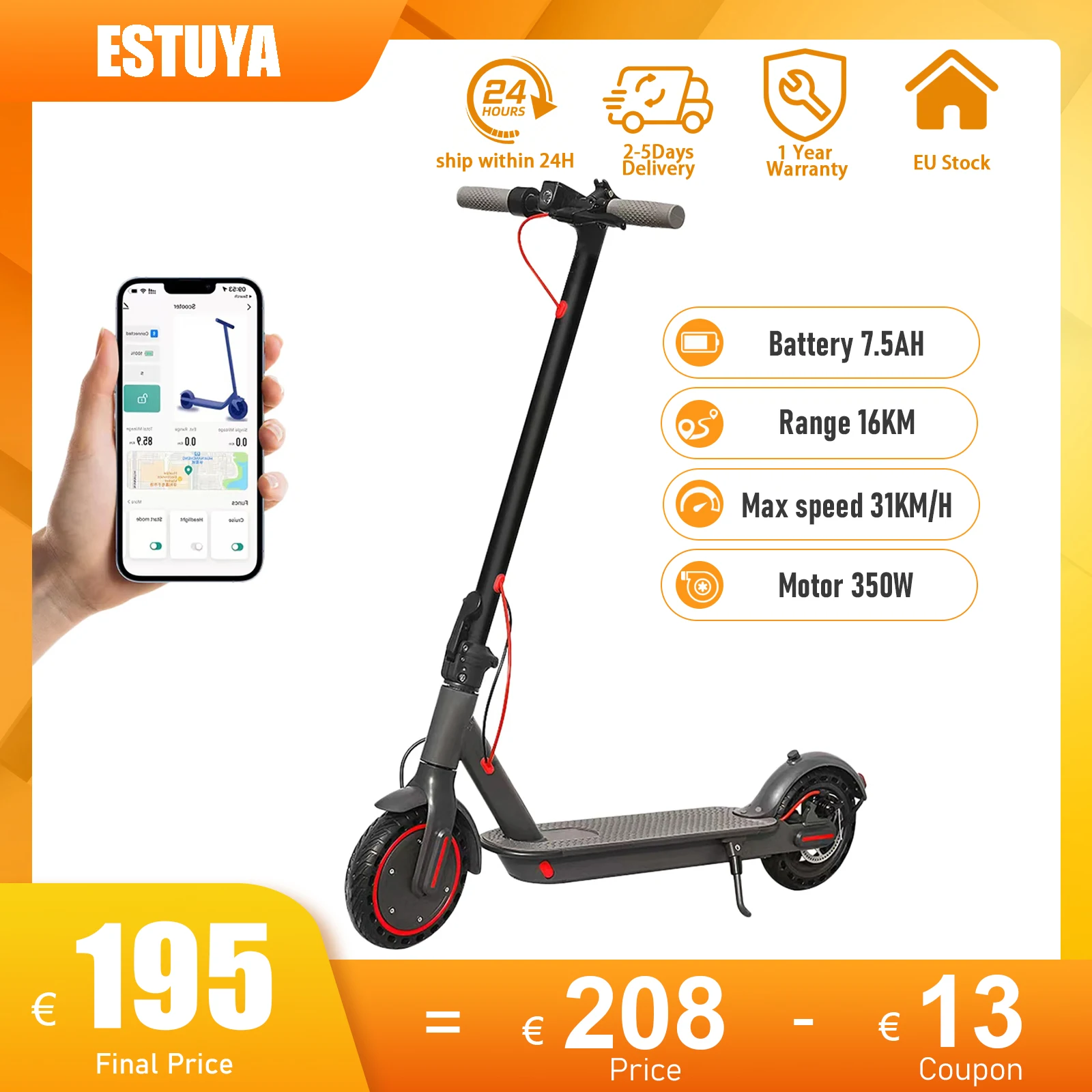 AOVOPRO 350W Electric Scooter TUYA 16KM Max Range Electric Kick Scooter 36V7.5AH Battery 31KM/H APP Smart Folding Adults Scooter