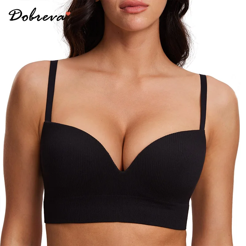 

DOBREVA Women's Wireless Push Up Bra Ribbed No Underwire Supportive Padded Longline Bralette