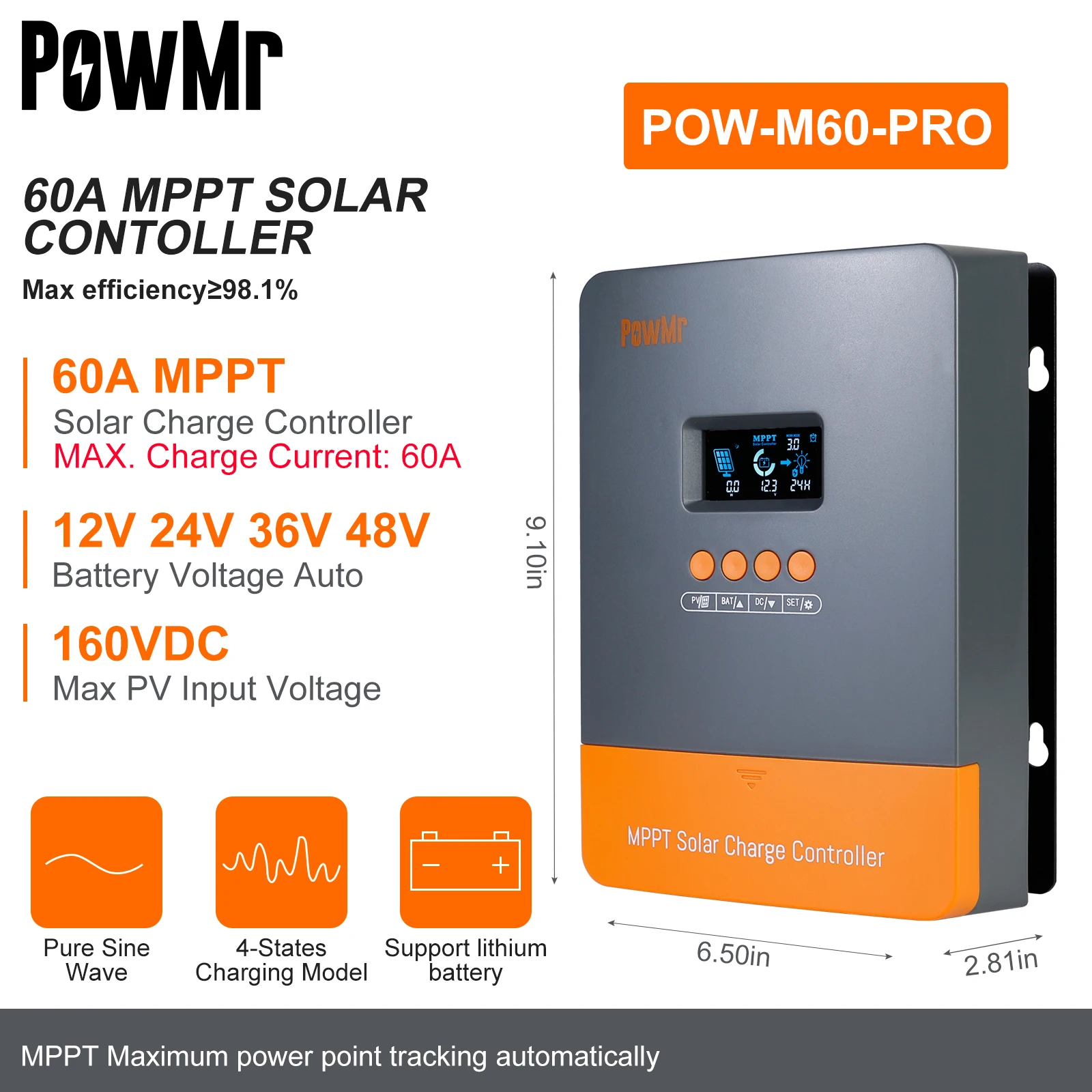 وحدة تحكم شاحن الطاقة الشمسية Powermr-MPPT ، 100A ، 80A ، 60A ، 40A ، 30A ، 30A ، 20A ، LCD ، تعمل مع 12 فولت ، 24 فولت ، 36 فولت ، 48 فولت ، لوحة شمسية لبطارية الرصاص الحمضية