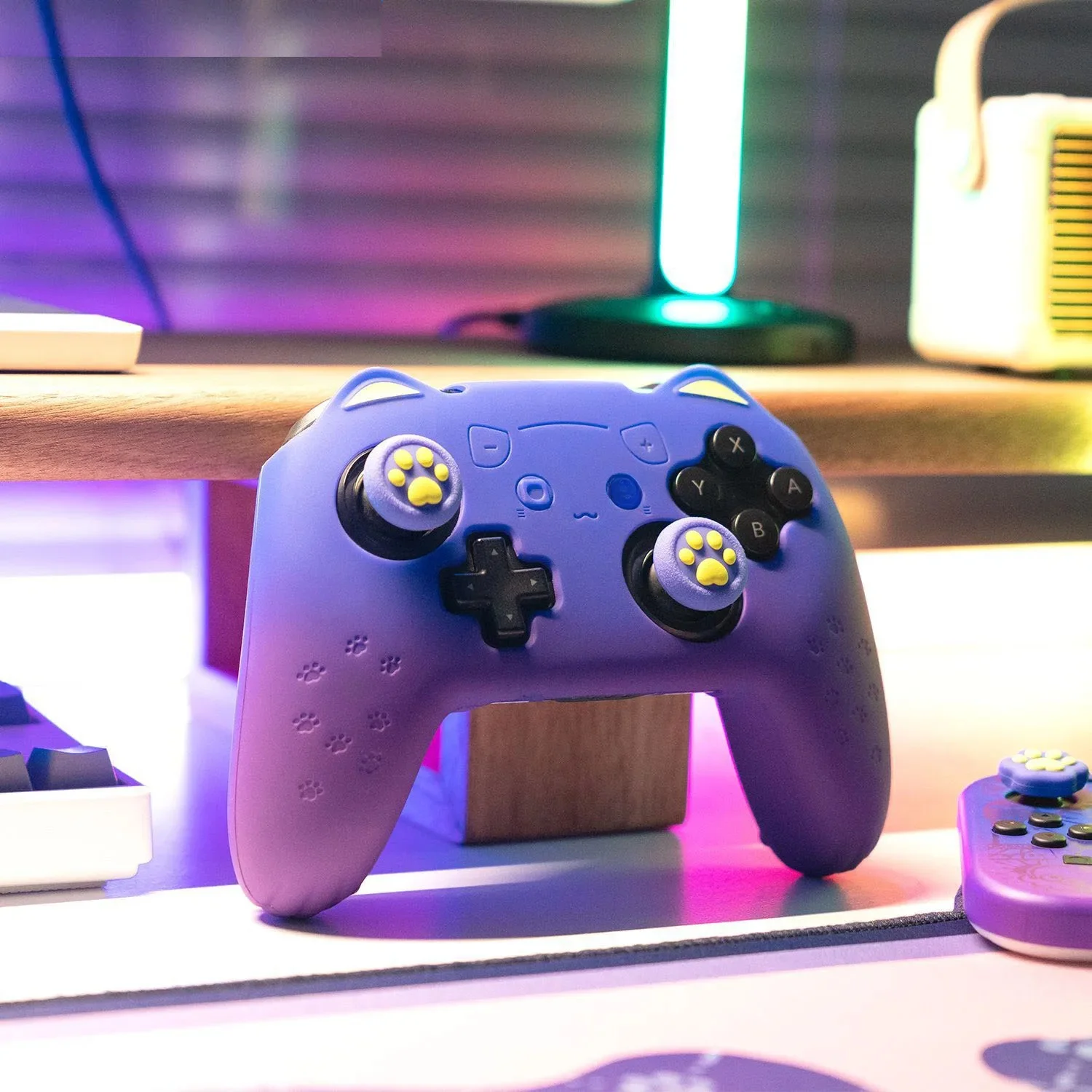 Coque souple en silicone patte de chat pour Nintendo Switch Pro, peau de manette de jeu, étui pour manette de jeu NS, anciers de pouce, capuchon de poignée, bleu, violet