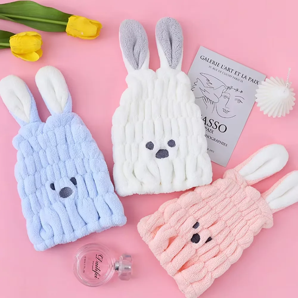 Cute Rabbit Ear Kids Hair Drying Cap Ultra-Absorbent Soft Bath Shower Cap Adorable Cartoon Design for Children's Home Use