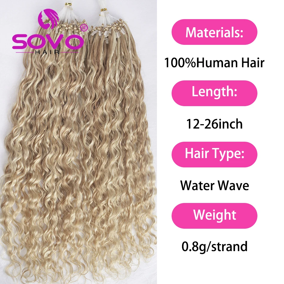 SOVO-Micro Loop Extensões de Cabelo Humano, Onda De Água, Natural Micro Beads, Anéis Europeus, Destaque Balayage, Loiro, 50 Vertentes