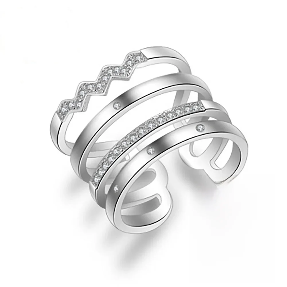 Osobowość przesadzona 925 Sterling Silver otwarcie splot pierścionek wielowarstwowe mozaikowe pierścionki z cyrkonią dla kobiet — zdjęcie 2