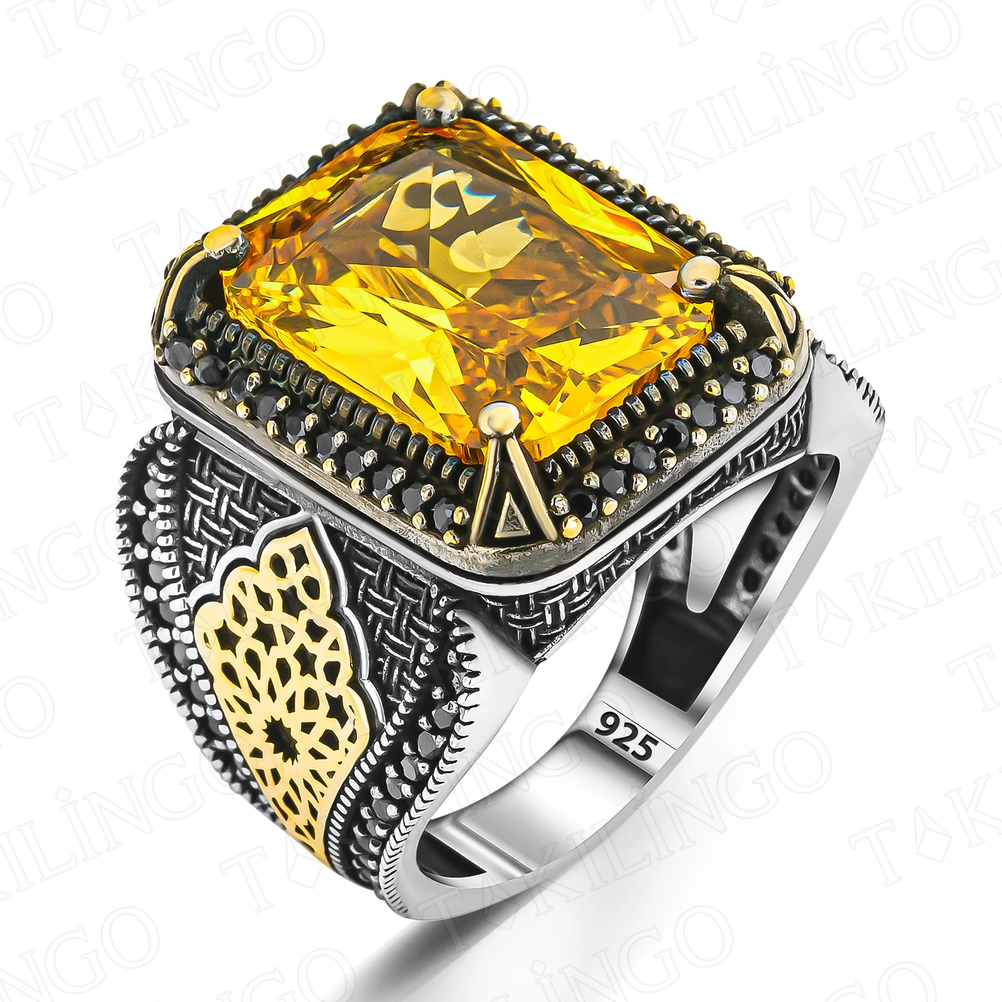 Imagem -02 - Elegante Carimbado Sólido 925 Prata Esterlina Amarelo Citrino Pedra Anel Masculino com Zircão Artesanal Jóias Turco Presente para o Marido