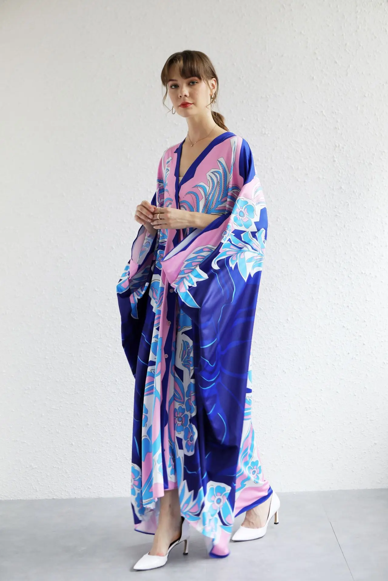 High Quality Luxury Designer Fashion Summer Women Print Jessy Silk  V-Nack Blue kaftan Caftan Oversize Long Maxi Dress 2024