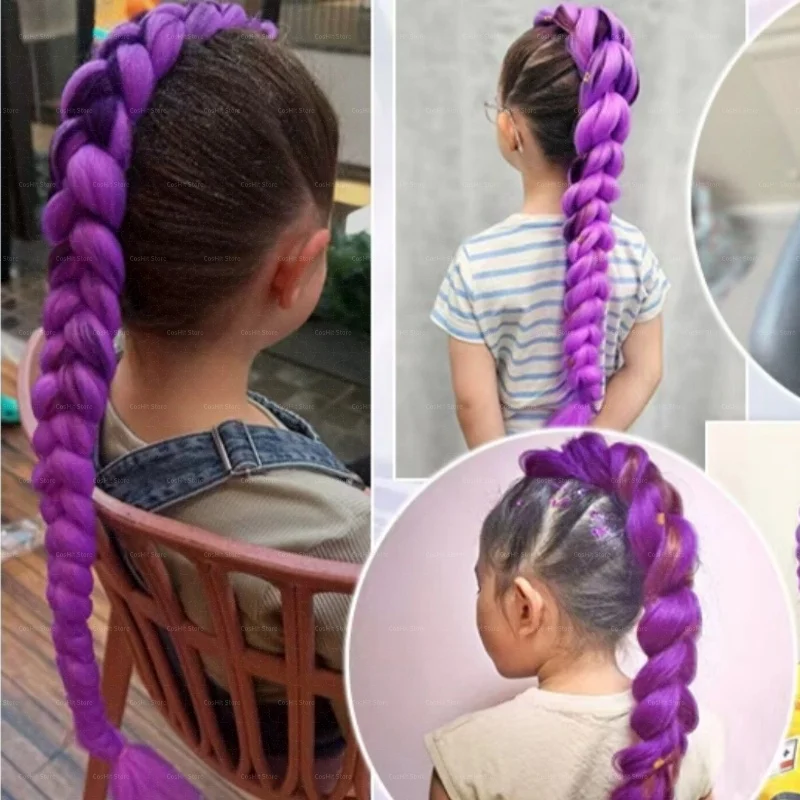 Obrázek 7: Fialový paruka pro dívčí cosplais syntetická přímo culík s vlasy klipů culík vlasy ženy karneval večírek paruka příslušenství