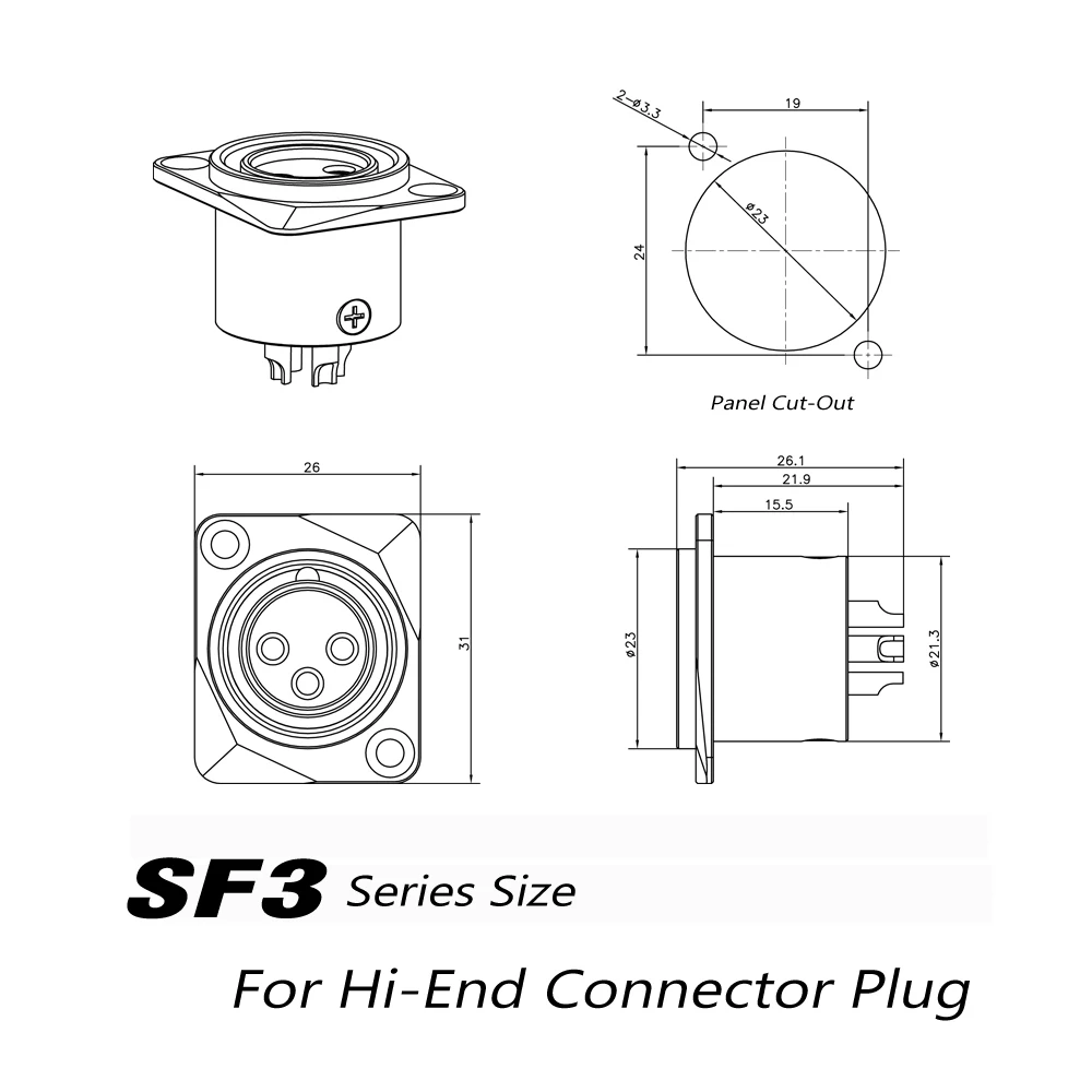 Monosaudio SM3/SF3 Pure Copper XLR Male Female Sockets 3Pin Panel Mounted Chassis Square Shape for Audio/Video Microphone/MIC