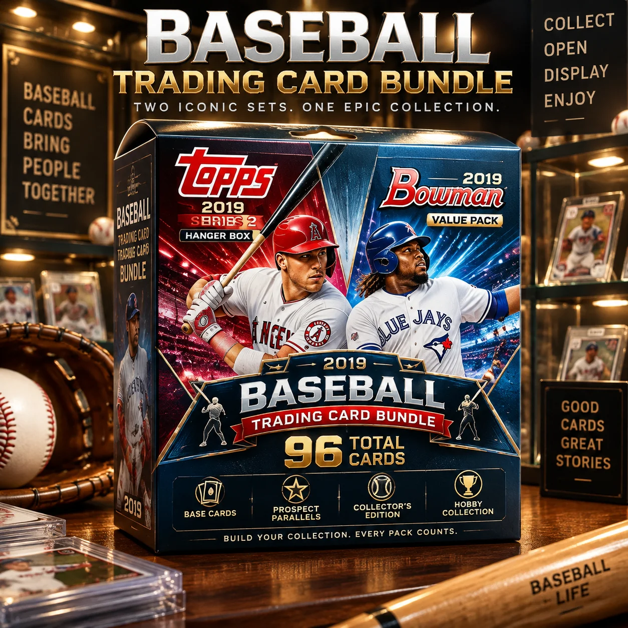 2019 Baseball Value Pack + Topps Series 2 Baseball Hanger Box, 96 Cards Total Trading Card Bundle with Prospect Parallels for Baseball Collectors, Hobby Collections, Card Displays & Pack Opening Experiences