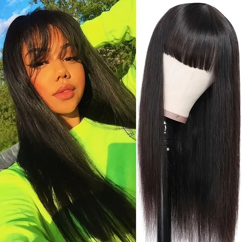 

Alimice Long Straight Human Hair Wigs with Bangs Glueless Machine Made Straight Virgin Human Hair None Lace Front Natural Color