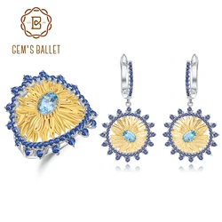 GEM'S BALLET 2.2Ct Natural Swiss Blue Topaz Jewelry 925 Sterling Silver Handmade Sunflower Ring Earrings Jewelry Sets For Women