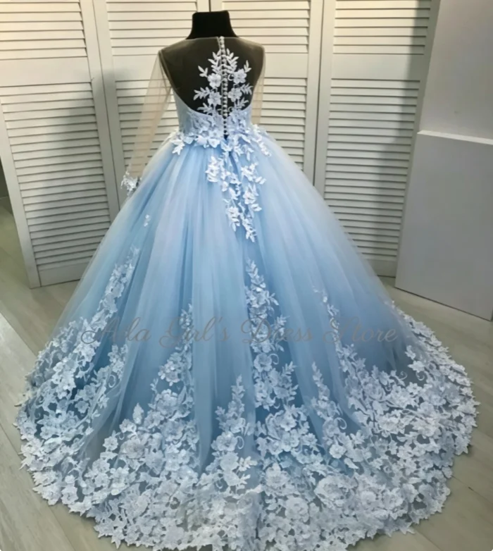 Blue Flower Girl Dresses Floral Lace Applique Children Wedding Party Gowns New Kids Clothes Princess First Communion Dress