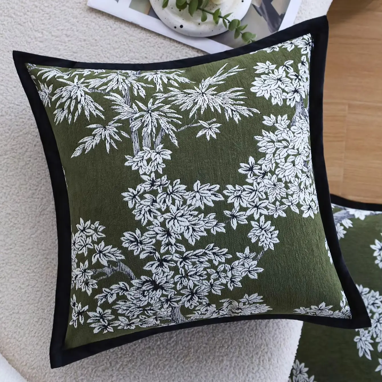 Vintage Jacquard Cushion Cover 45x45cm Floral Tree Pattern Black Trim Textured Woven Pillow Cover for Sofa Living Room Decor
