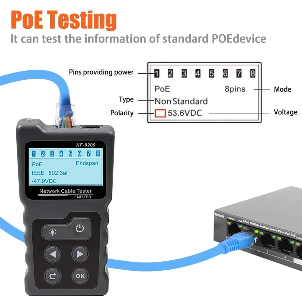 Nuovo NOYAFA NF- 8209 Tracker per cavi di rete Cat5 Cat6 Tester PoE rileva la misurazione della tensione Tester per cavi a distanza di guasto con NCV