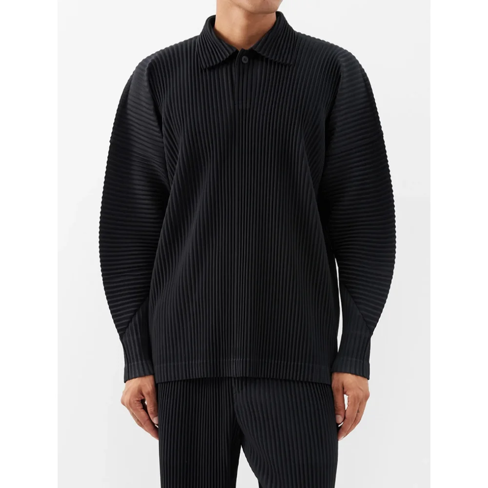 Miyake Pleated Men Polo Shirt Long-sleeved Lapel T Shirt Full Sleeves Breathable Casual