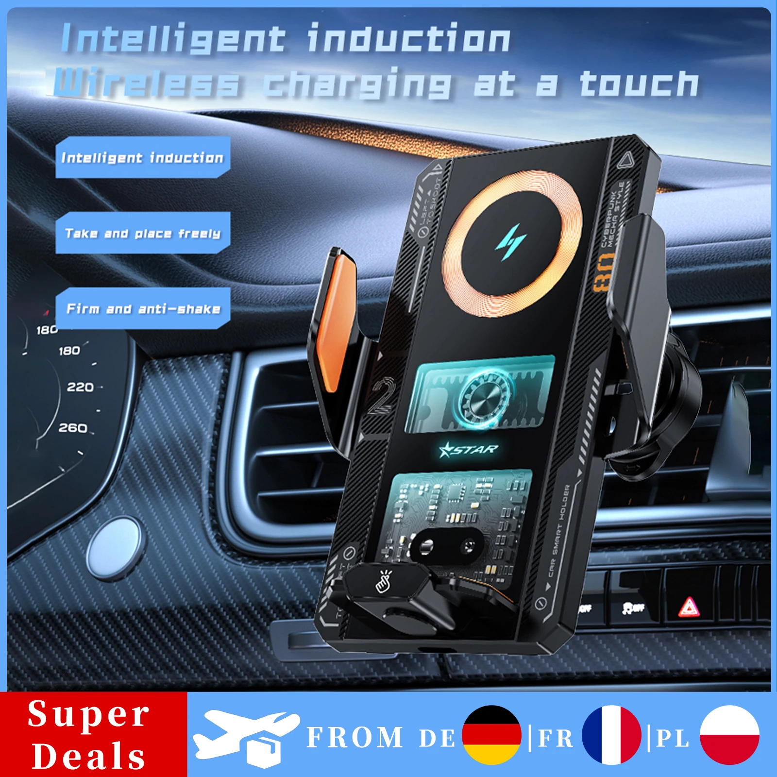 15W Schnelles Kabelloses Auto-Ladegerät mit Touch-Steuerung und Automatischer Erkennung, 360°-Handyhalterung °   Drehbare elektrische Halterung mit Umgebungslicht für iPhone 16 15