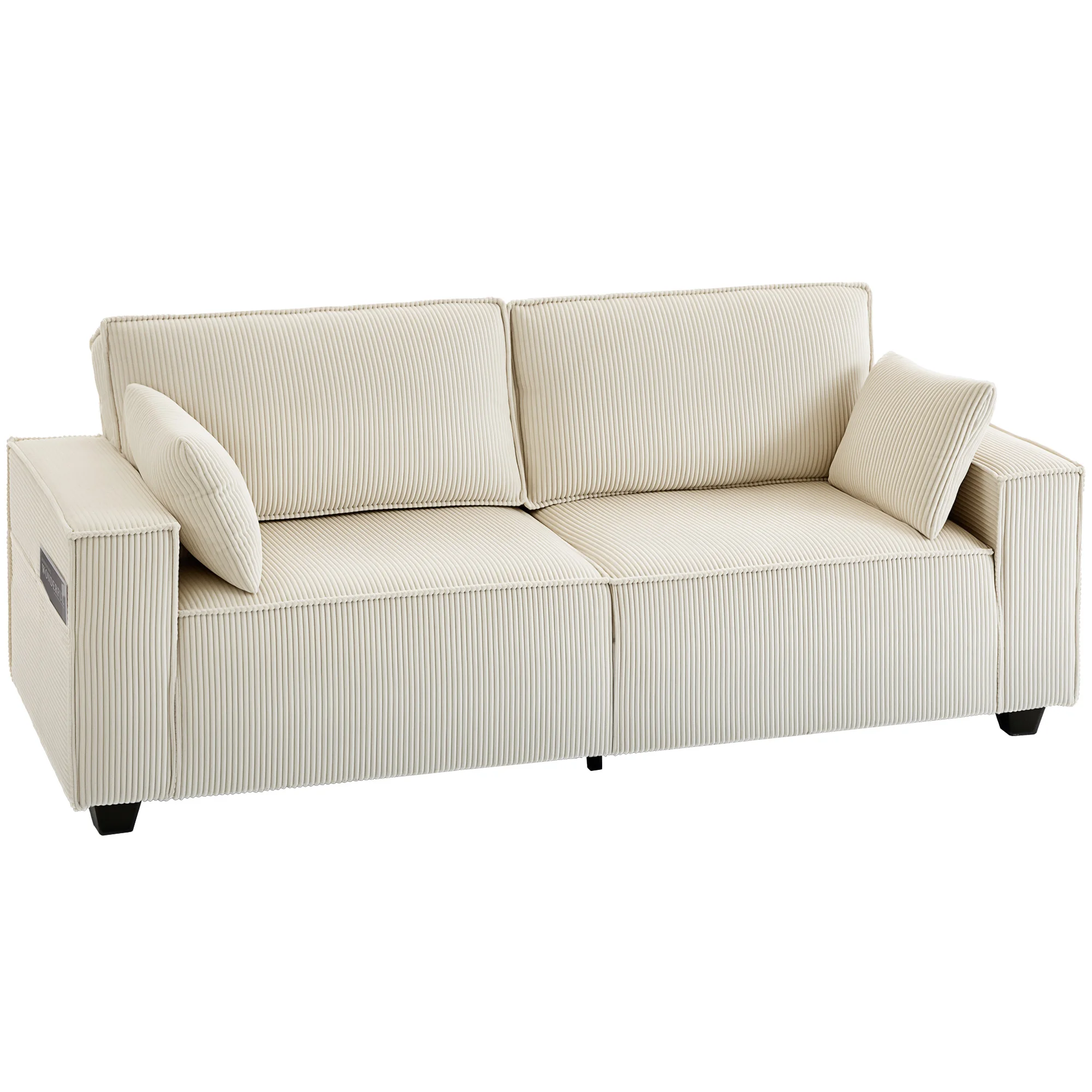Canapé 3 places en velours côtelé 218 cm, canapé salon, coussins à ressorts, larges accoudoirs, 2 coussins, beige