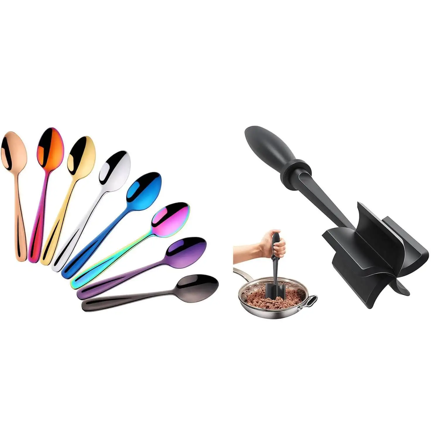 Colored Coffee Spoons, Stainless Steel Tea Spoons & Ground Beef Chopper Tool, Hamburger Smasher Tool(9 Pcs)