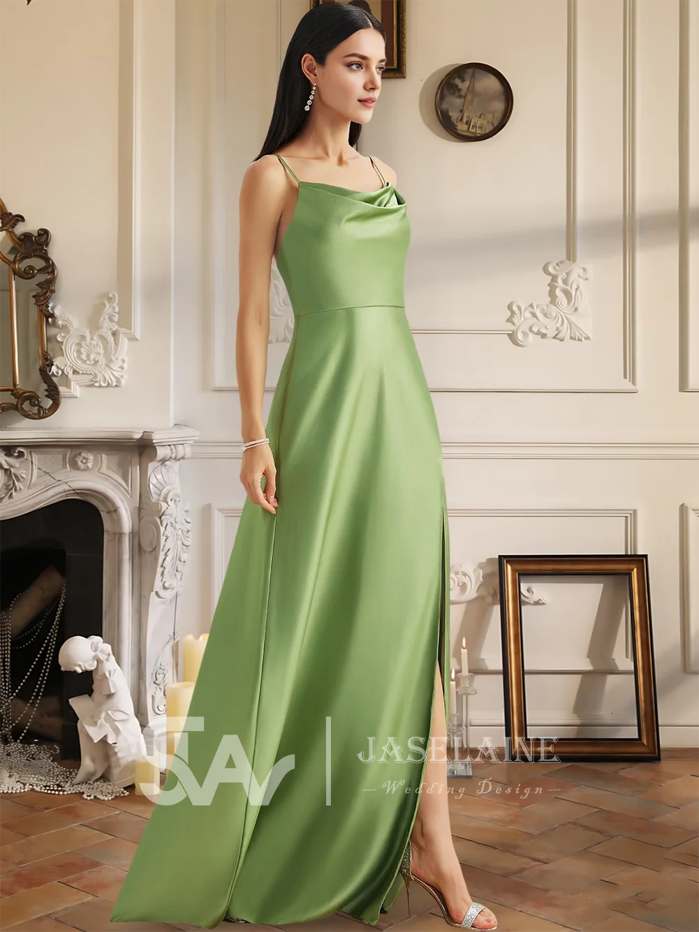 Vestidos de dama de honra de luxo a linha cowl pescoço até o chão cetim perna fenda cintas de espaguete casamento convidado festa à noite cocktail