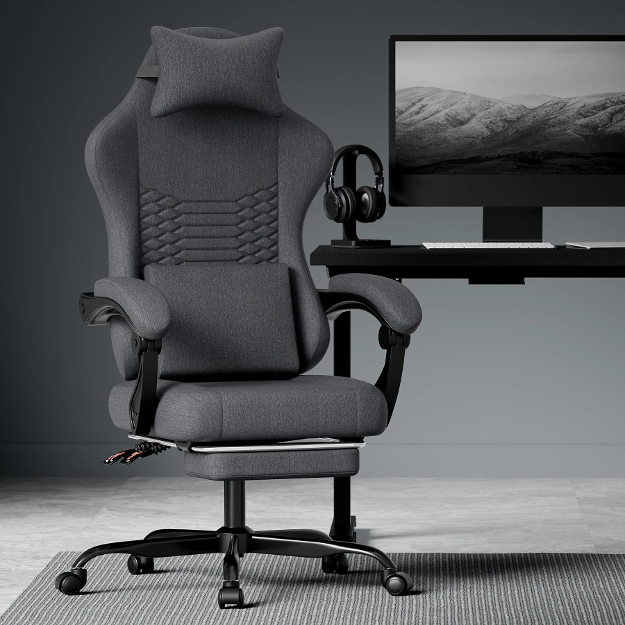 Chaise de jeu ergonomique noire avec massage, appui-tête et repose-pieds, style racing, chaise de bureau