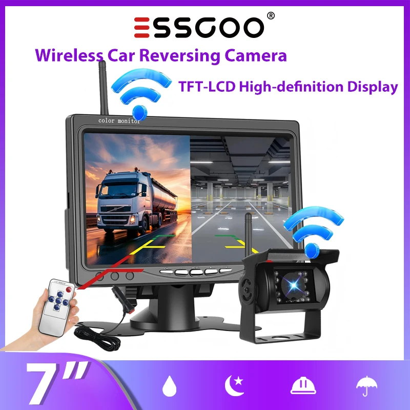 Telecamera posteriore wireless HD TFT LCD da 7 pollici di ESSGOO, adatta per camion, minibus, carrelli elevatori, escavatori, veicoli residenziali