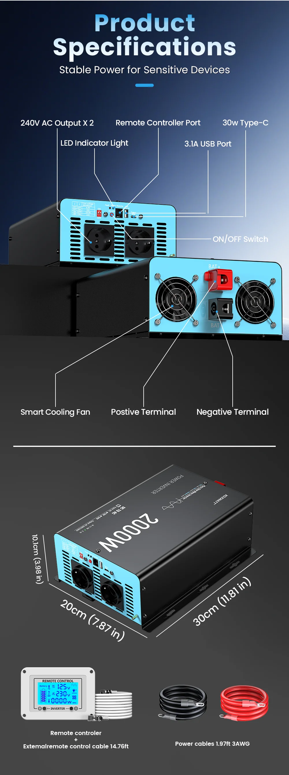 Reiner Sinus-Wechselrichter DC 12V 24V AC 230V 2500W Nennleistung 5000W Spitzenleistung LCD-Display Fernbedienung USB für Wohnmobil Auto Konverter – Detail 5