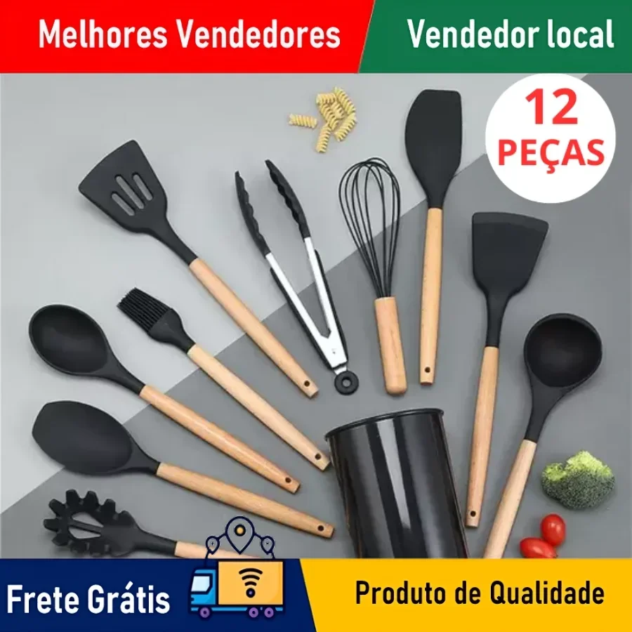ZOMMI - KIT Cozinha Conjunto com 12 peças Jogo de Utensilio Culinário cabo de Madeira Antiaderente Envio Rápido para todo Brasil