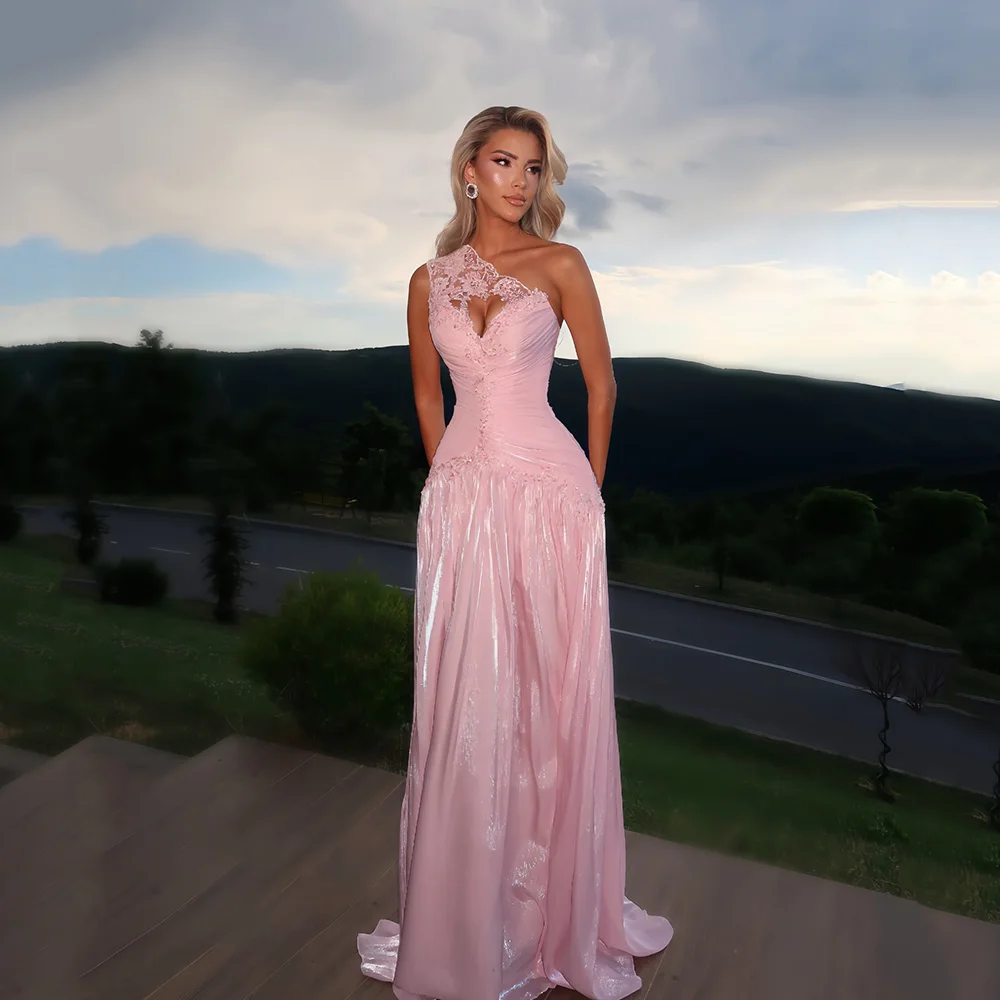 Galarity Customized Pink Prom Dresses One Shoulder Lace Ruched Shiny A Line Formal Evening Gowns Women's Long Party Gala Dress