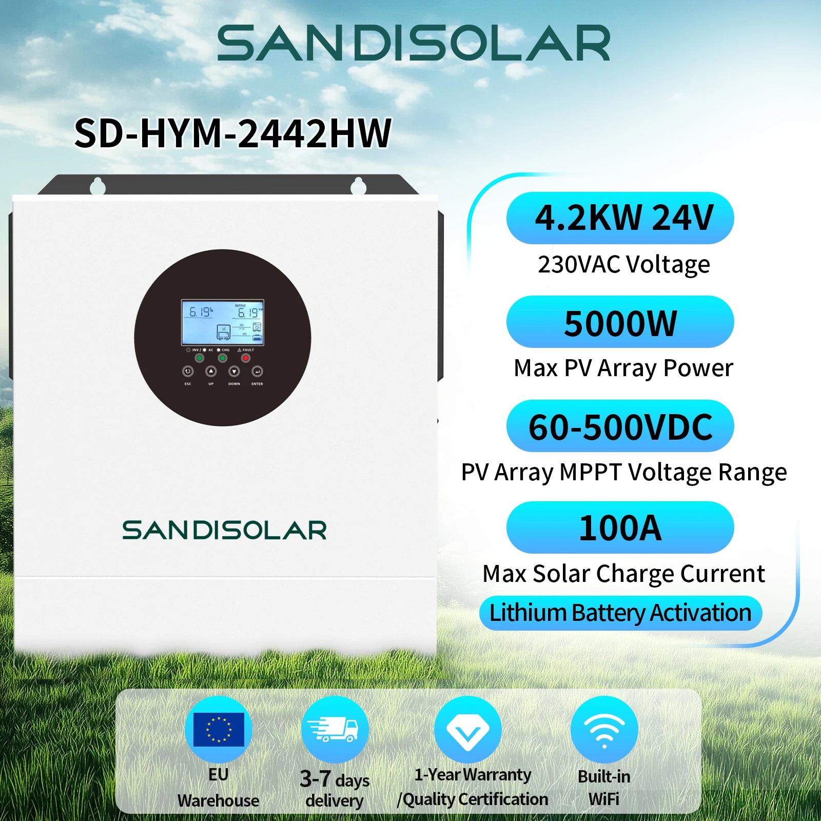 Image of SANDISOLAR 4,2kW 24V Off-Grid-Wechselrichter 230V Reine Sinuswelle Doppelausgang 5000W PV-Eingang 100A MPPT Eingebautes WLAN Heim-Wechselrichter