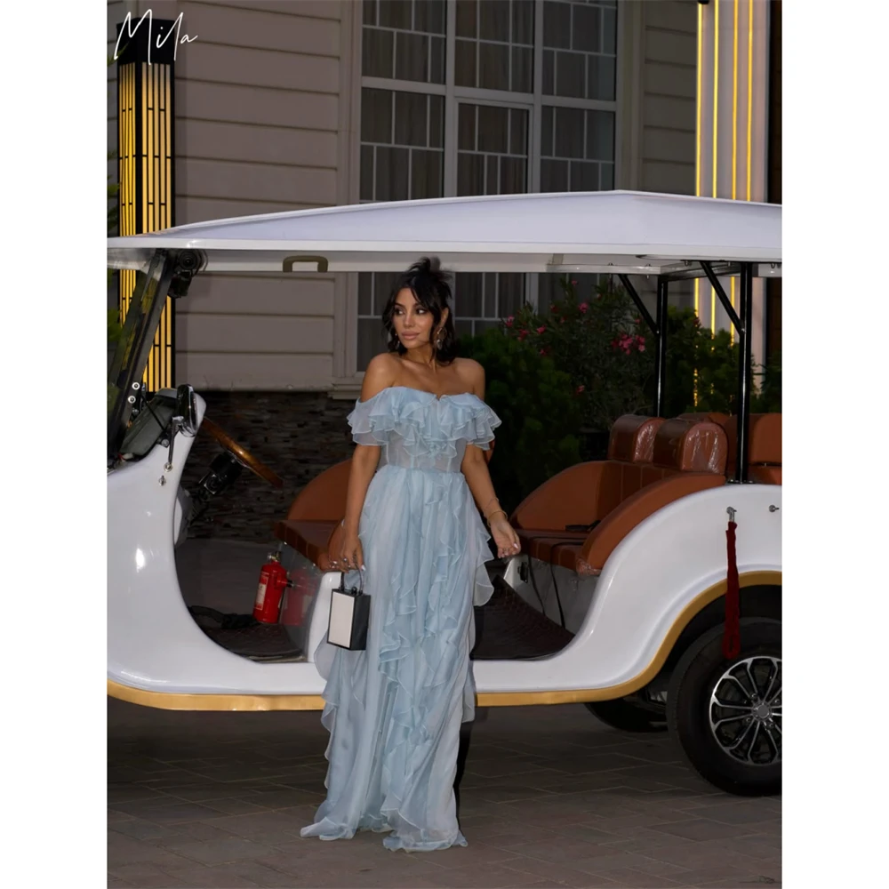 Mila Customized Baby Blue Cascading Ruffle A-Line Elegant Prom Dress Off Shoulder Formal Evening Floor-Length Vestidos De Fiesta