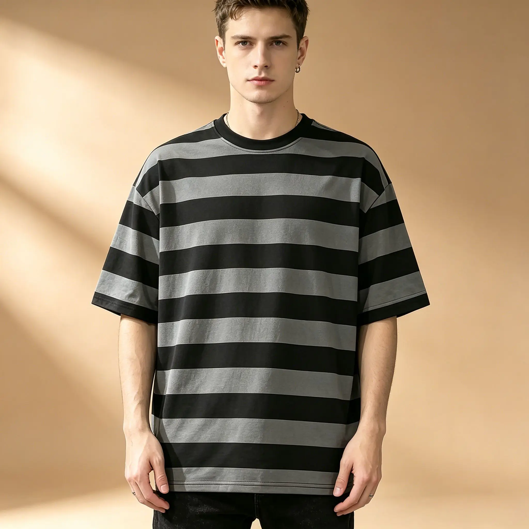 Men's Vintage Wide Horizontal Striped T-Shirt, Black Gray Contrast Color Loose Fit Soft Casual Daily Short Sleeve Tee