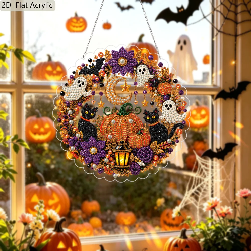 2D Flat Acrylic Halloween Pumpkin Black Cat Ghost Diamond Art Suncatcher Kit, DIY Round Shape Diamond Painting Hanging Pendant