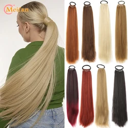 MEIFAN 24 Inch Synthetic Ponytail Extensions Black Natural Braided Pony Tail Hairpiece Long Straight Rubber Band Hair For Women