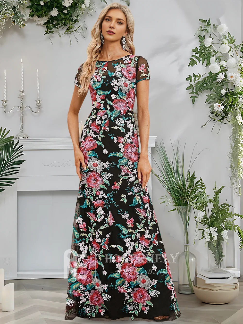 Elegantes Abendkleid für Damen, bodenlang, Satin, florale Spitze, A-Linie, mit umwandelbarer Schleife, U-Ausschnitt, Ballkleid für Hochzeit, Party