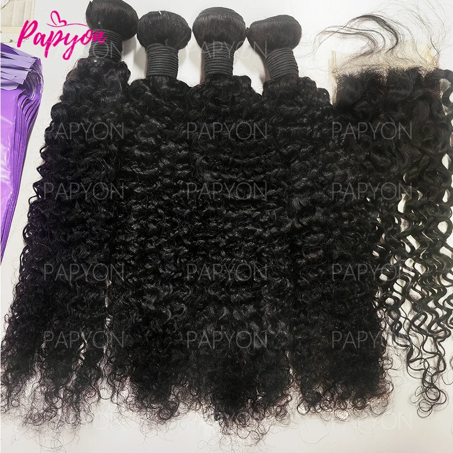 15A Lockige Deep Wave Echthaar-Bündel mit 4x4 Verschluss, Bundle-Angebote, 100% unbehandeltes Echthaar, burmesische Locken-Haarbündel und Verschluss PAPYON – Detail 7