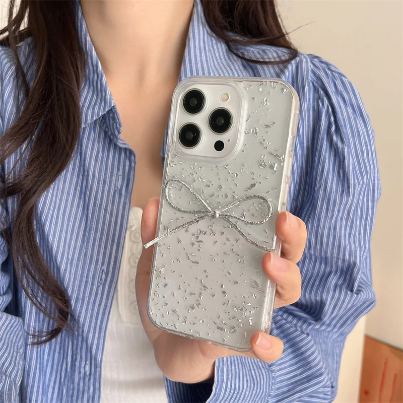 

Luxury Bling Bling silver foil 3D bow case for iPhone 13 14 Pro 15 16 Pro Max Glitter silicone cute shockproof cover For women